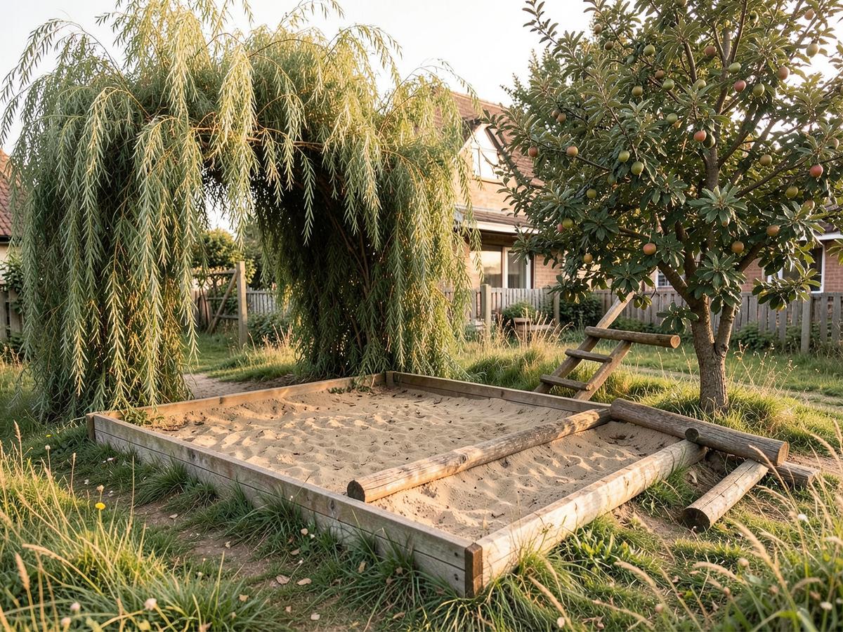 Naturnaher Kindergartengarten mit Sandkasten, Weidentunnel und Obstbaum