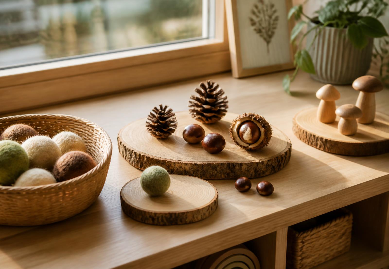 Naturmaterialien wie Baumscheiben, Kastanien und Filzbälle auf einer Fensterbank