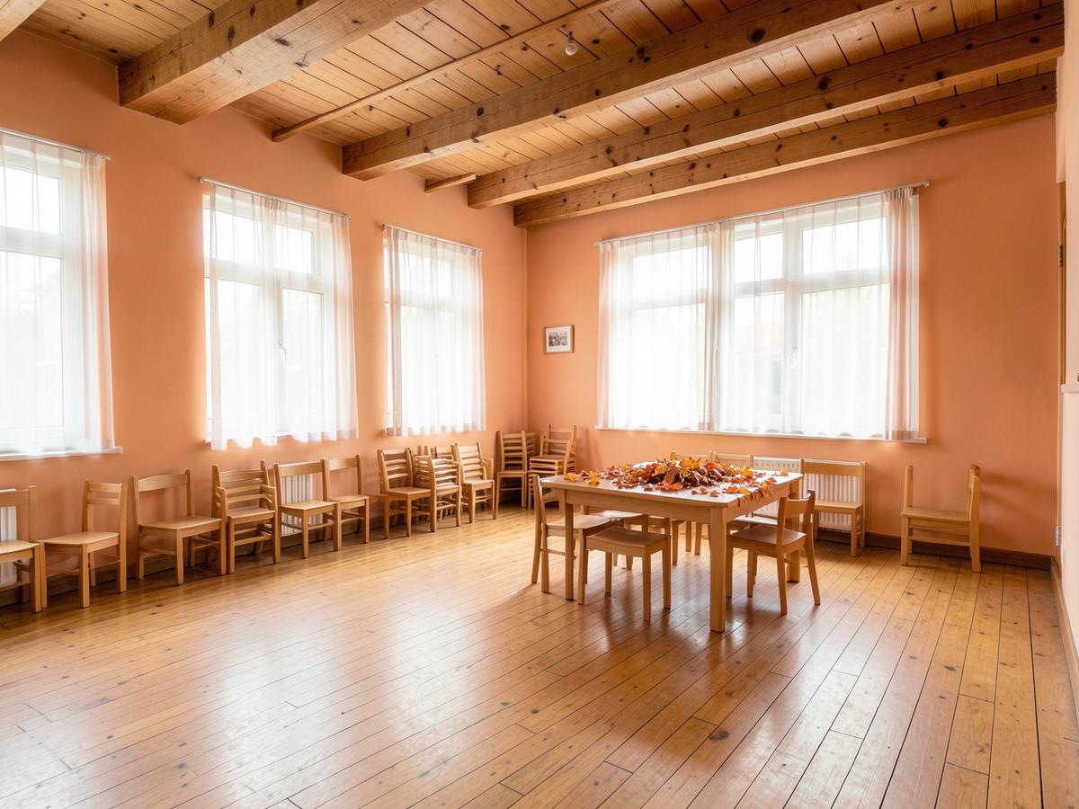 Heller Saal mit Holzfußboden, Holzdecke und warmen Wandfarben