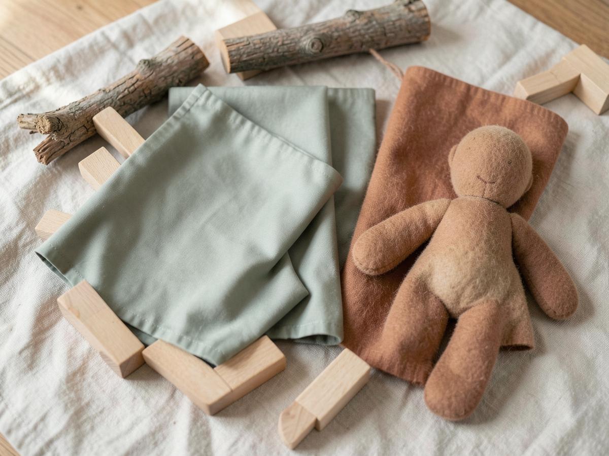 Naturbelassene Holzbausteine, Spieltücher und eine schlichte Puppe auf Leinen